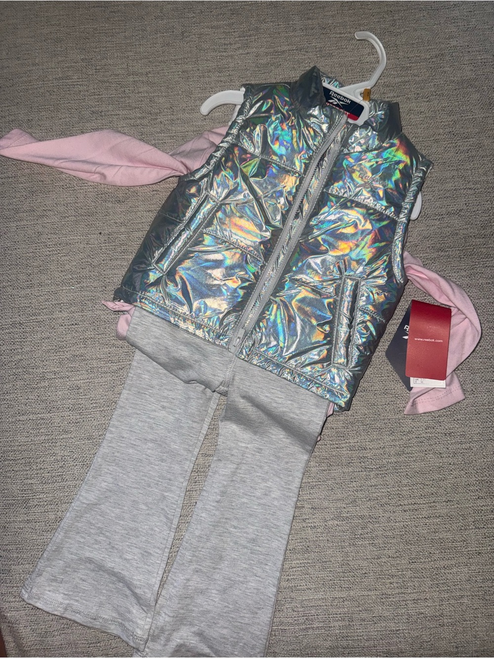 Reebok Silver Puffer Vest with Pink Long Sleeve & Light Gray Flare Pants